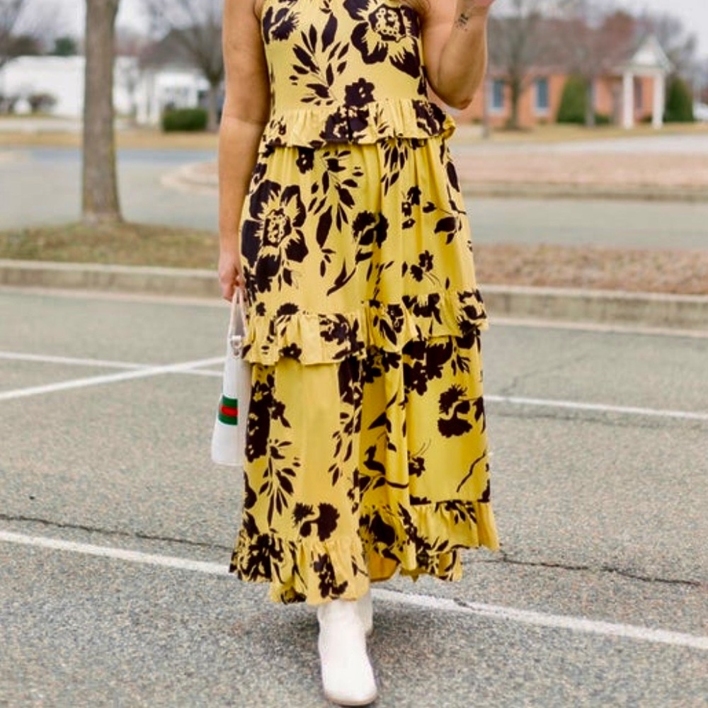 Angie NWT - Boho Tiered Golden Yellow Floral High-Low Maxi Dress - Small
